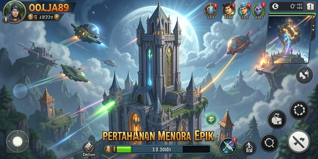 Screenshot menampilkan aksi intens dalam OJA89, saat menara bertahan dari gelombang musuh.