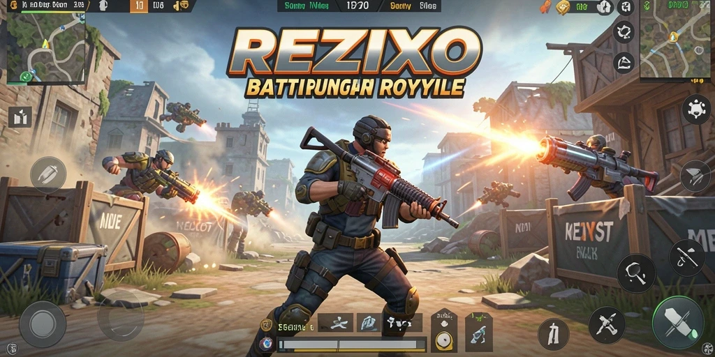 Tangkapan layar utama gameplay <strong>REZIXO</strong> menunjukkan aksi pertempuran yang intens dalam Battle Royale.